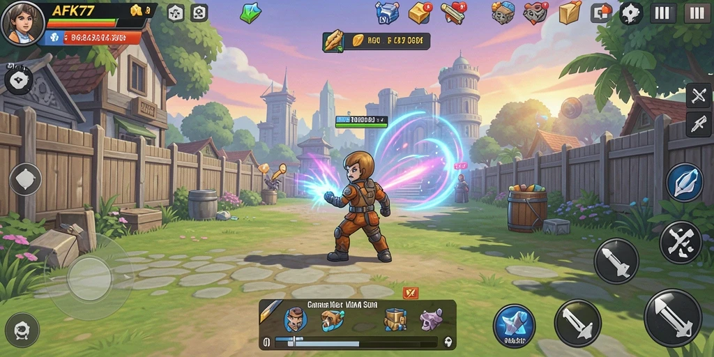 Tampilan gameplay AFK77 dengan karakter yang beraksi secara otomatis.
