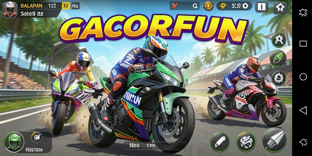 Screenshot menampilkan aksi balapan motor yang mendebarkan di GACORFUN.