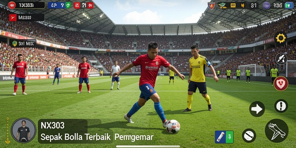 Tampilan gameplay yang menegangkan dalam NX303 dengan aksi sepak bola nyata.