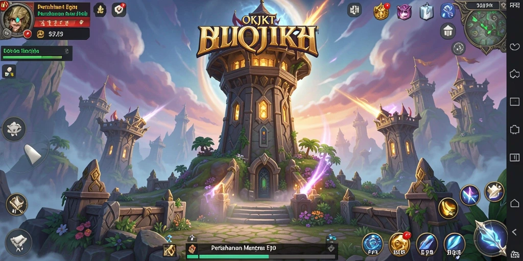 Tangkapan layar gameplay <strong>OKJKT</strong> menunjukkan pertahanan menara yang strategis melawan gelombang musuh.