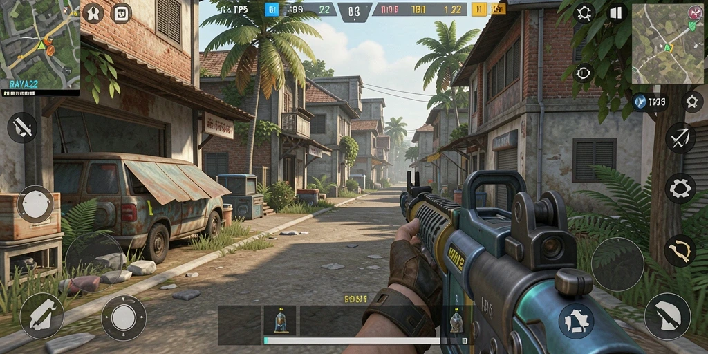 Screenshot gameplay RAYA22 menampilkan pertempuran intens dalam mode TPS.