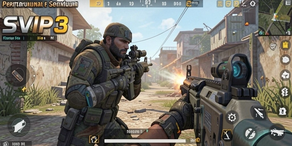 Tampilan aksi seru dari gameplay <strong>SVIP3</strong> dalam mode FPS yang mendebarkan.